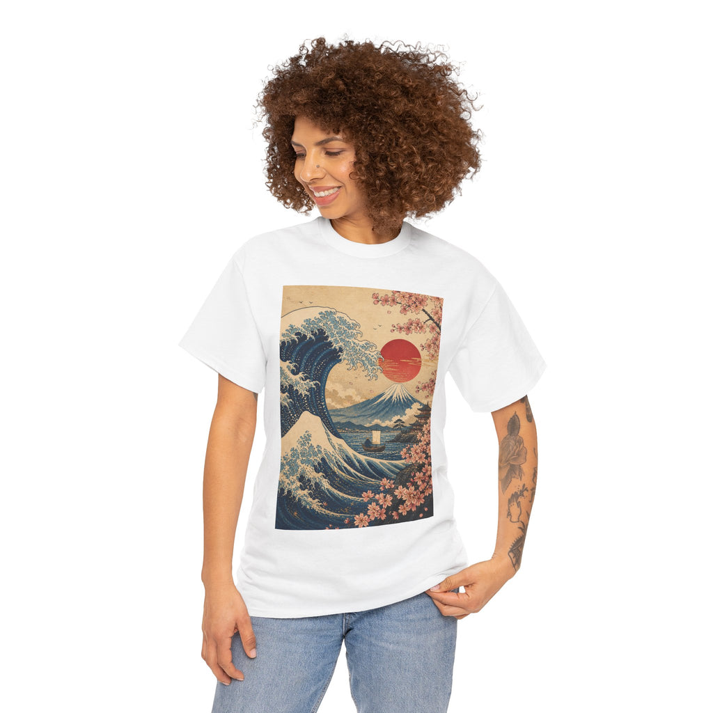 Vintage Japanese Wave Tee — Sakura Sunset Hokusai-Inspired Graphic Shirt