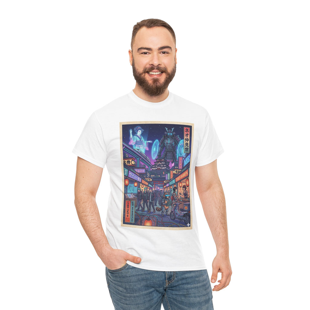 Cyberpunk Tokyo Alley T-Shirt — Neon Night Market Graphic Tee