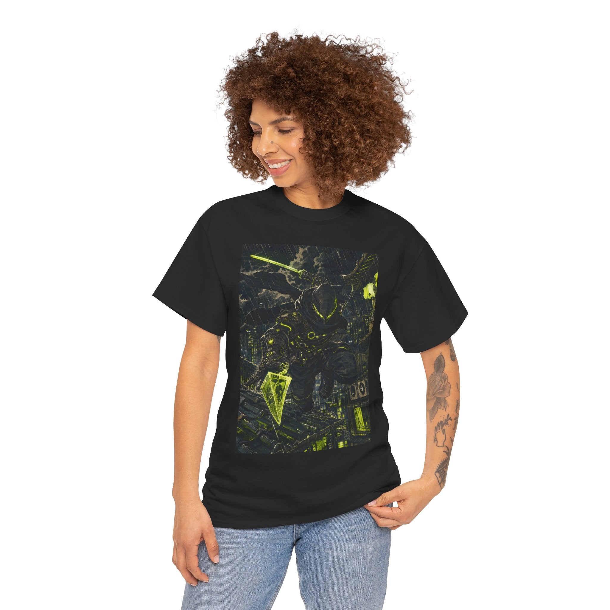 Neon Cyberpunk Graphic Tee — Dark Futuristic Cityscape Design