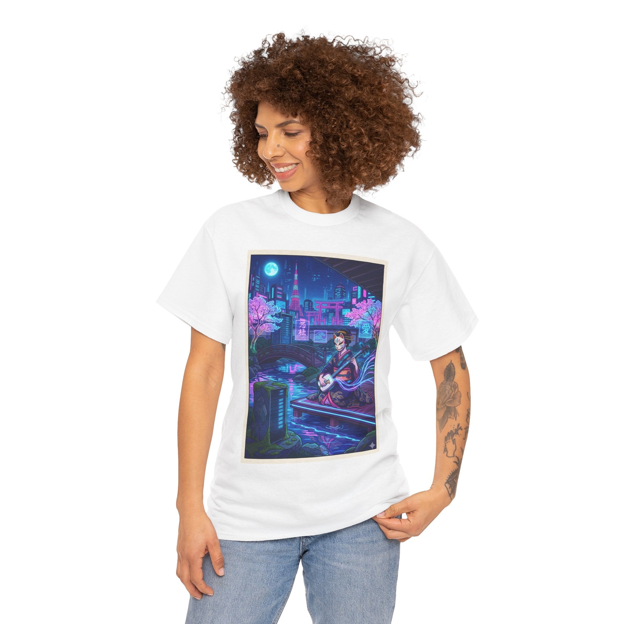 Anime Cyberpunk Guitarist T‑Shirt — Neon City Nightscape Tee