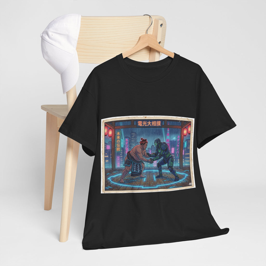 Cyberpunk Street Duel T-Shirt — Neon Samurai vs Robot Retro Arcade Tee