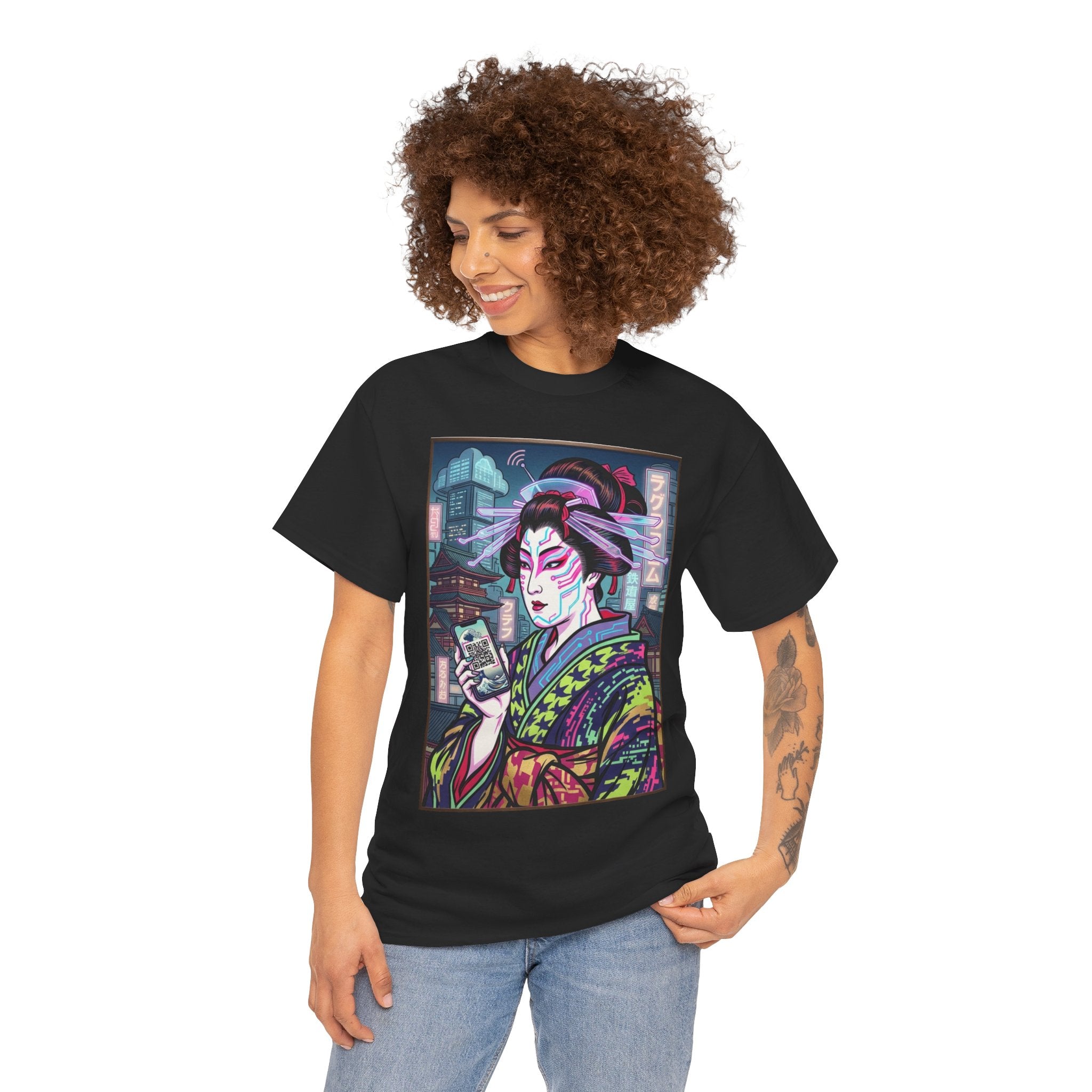 Geisha Cyberpunk T-Shirt — Neon Ukiyo-e Art Tee