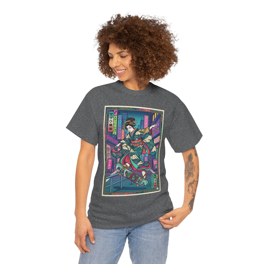 Geisha Skateboard Tee — Neon Cyberpunk Japanese Streetwear T-Shirt