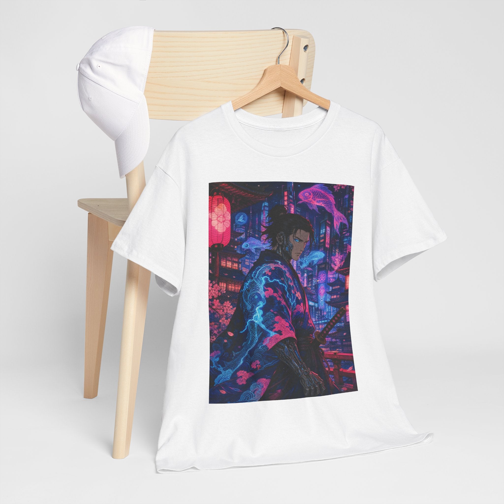 Cyberpunk Samurai T-Shirt — Neon City Nightscape Graphic Tee