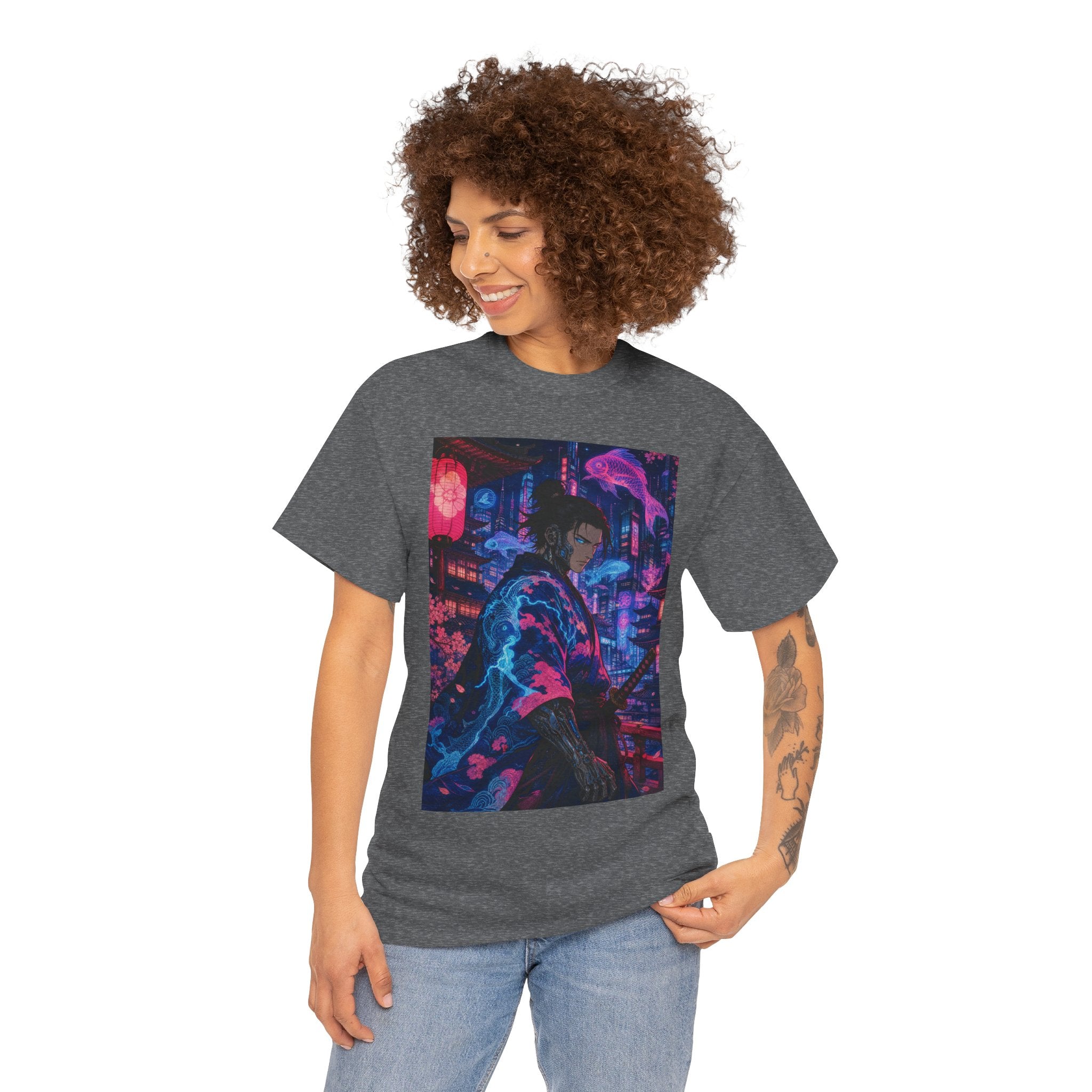 Cyberpunk Samurai T-Shirt — Neon City Nightscape Graphic Tee