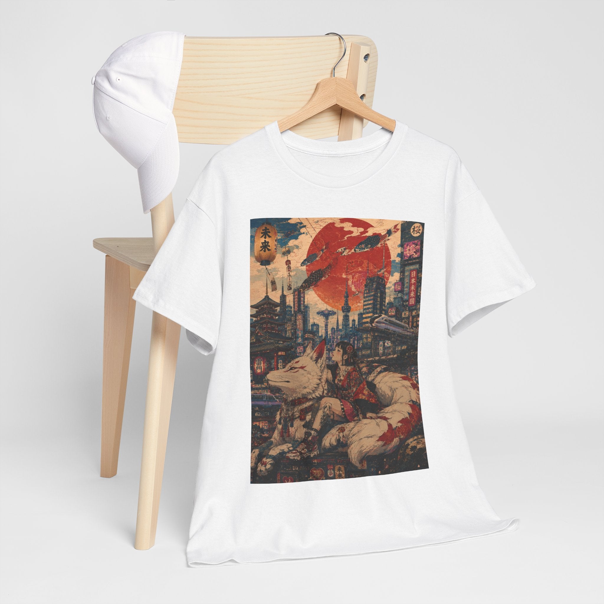 Graphic Tee — Cyberpunk Samurai Cityscape with Sleeping Fox - Japanese Streetwear T-Shirt | Tokyo Style X