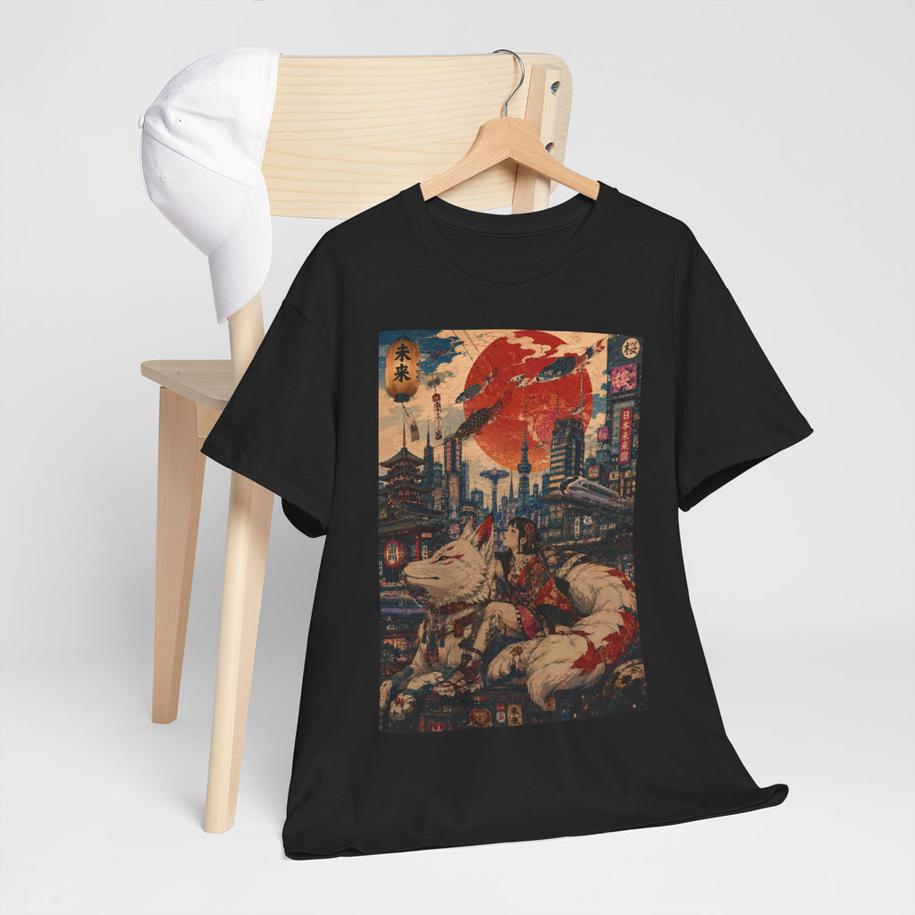 Graphic Tee — Cyberpunk Samurai Cityscape with Sleeping Fox - Japanese Streetwear T-Shirt | Tokyo Style X