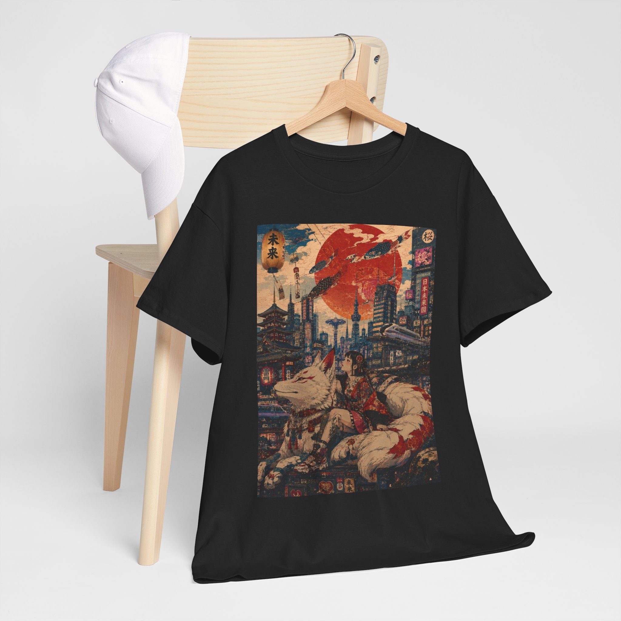 Graphic Tee — Cyberpunk Samurai Cityscape with Sleeping Fox - Japanese Streetwear T-Shirt | Tokyo Style X