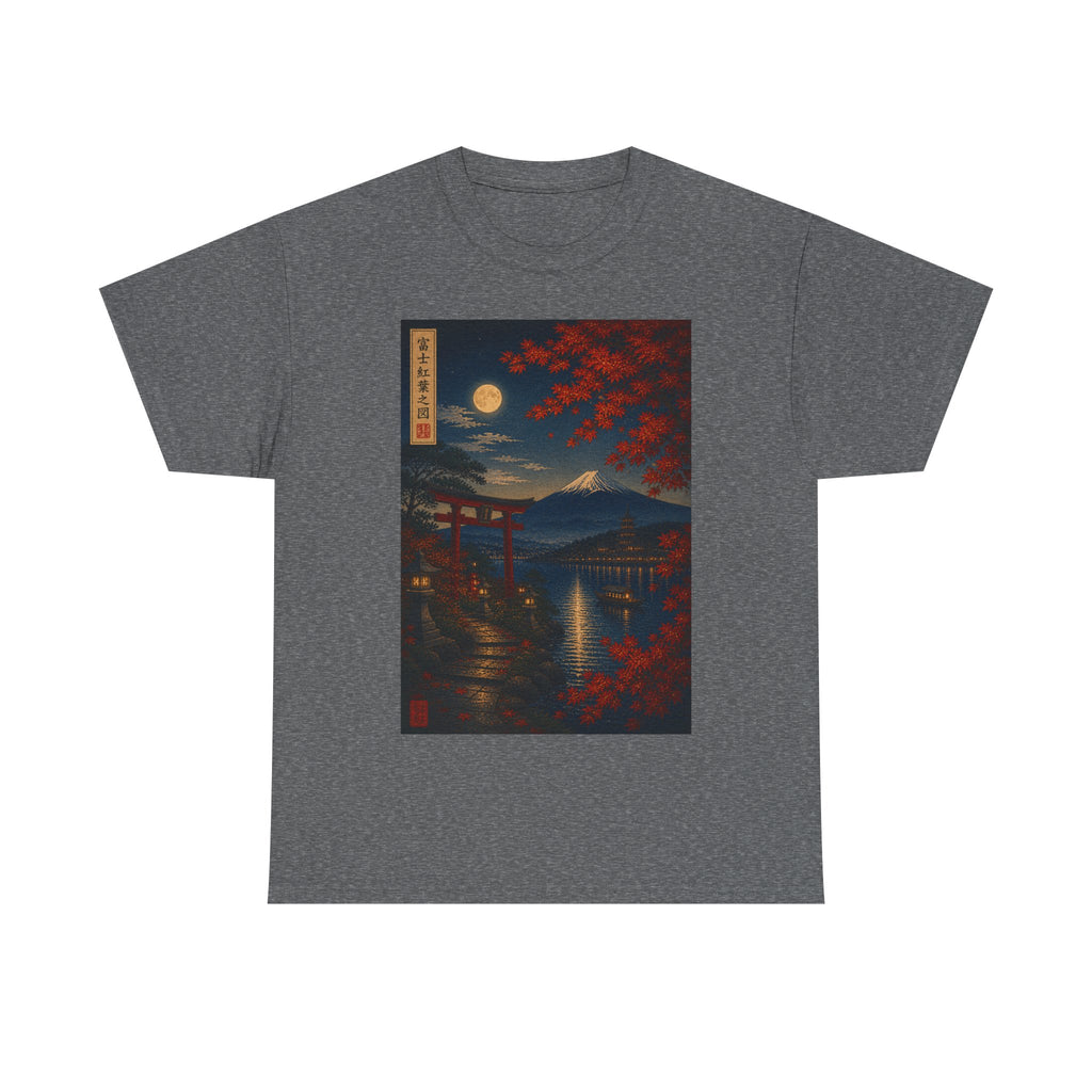 Japanese Nightscape Tee — Moonlit Torii & Autumn Maple Graphic T-Shirt