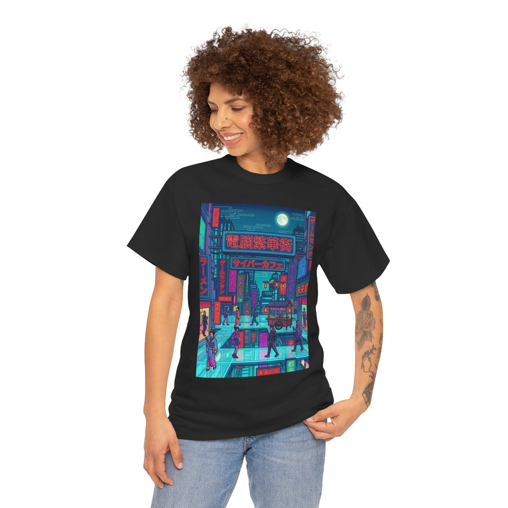 Cyberpunk Cityscape Tee — Neon Tokyo Street Scene Graphic T‑Shirt