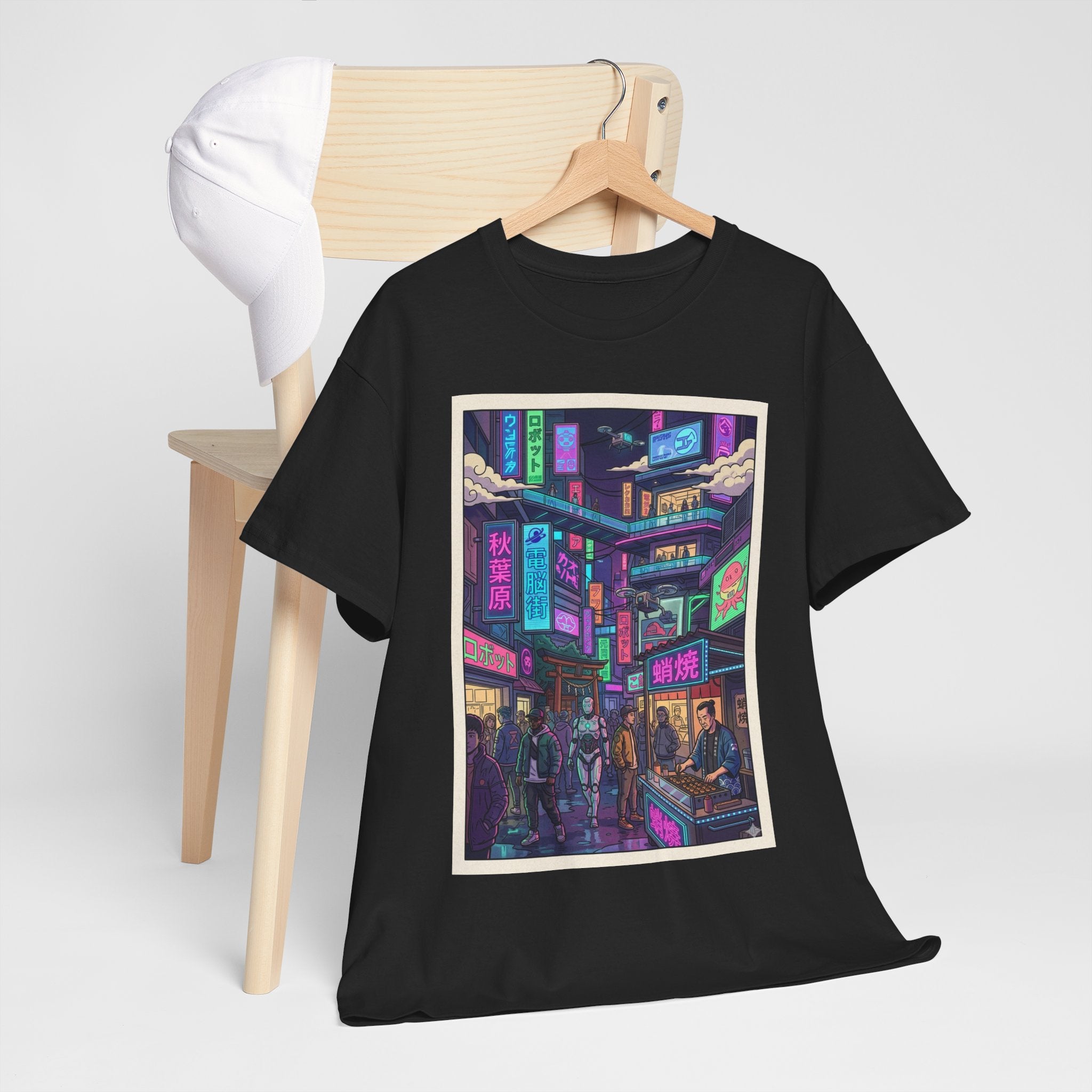 Cyberpunk City Streets Graphic Tee — Neon Night Market Illustration