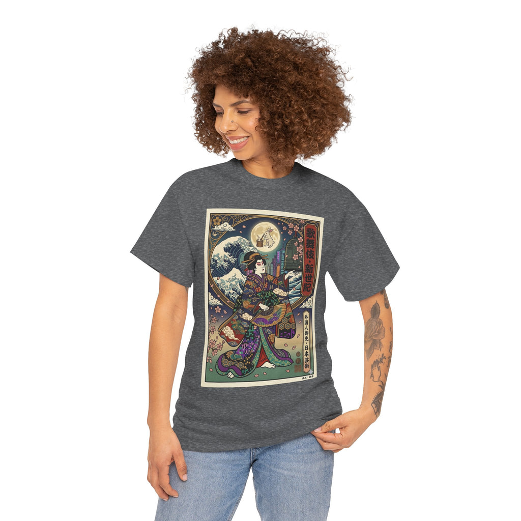 Japanese Ukiyo-e Geisha T-Shirt — Vintage Moon & Wave Illustration Tee
