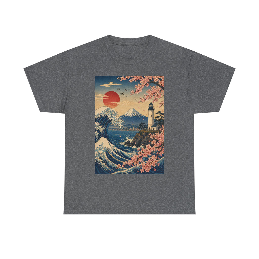 Japanese Wave & Cherry Blossom Art Tee — Mt. Fuji Sunset Graphic T-Shirt
