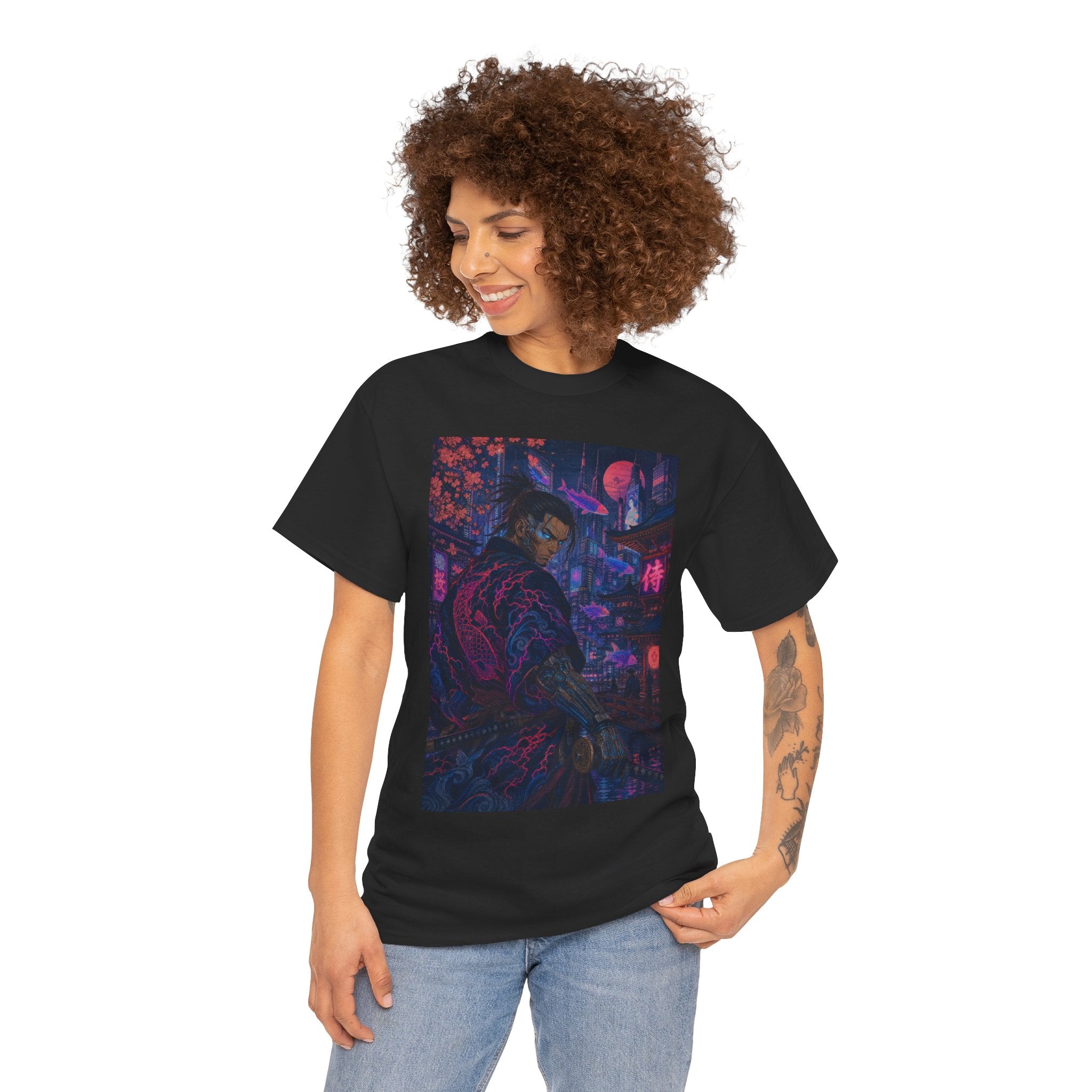 Cyberpunk Samurai T‑Shirt – Neon Night Streetwear Graphic Tee