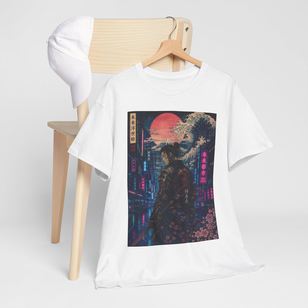 Samurai Neon City T‑Shirt — Cyberpunk Moonlit Japanese Street Graphic Tee