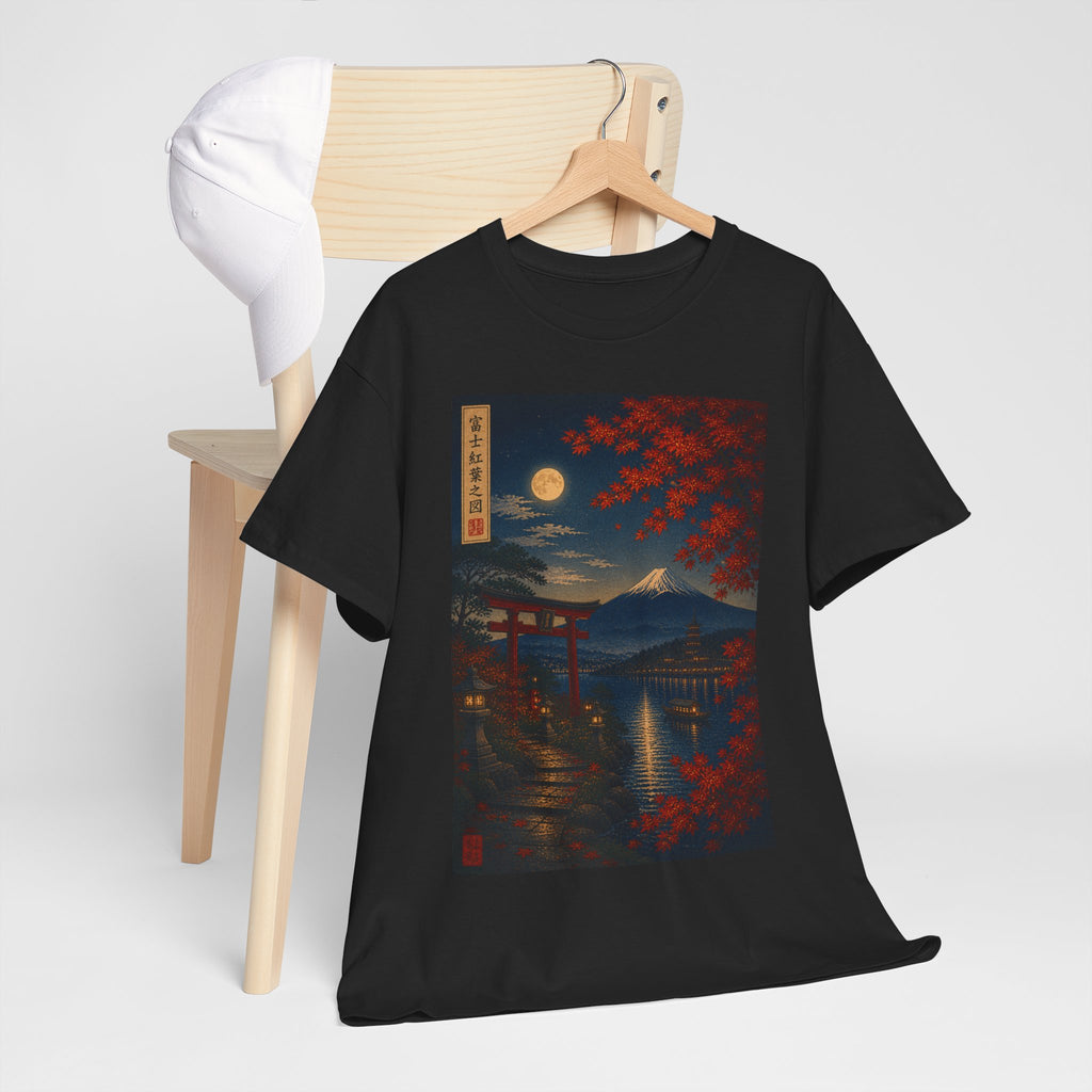 Japanese Nightscape Tee — Moonlit Torii & Autumn Maple Graphic T-Shirt