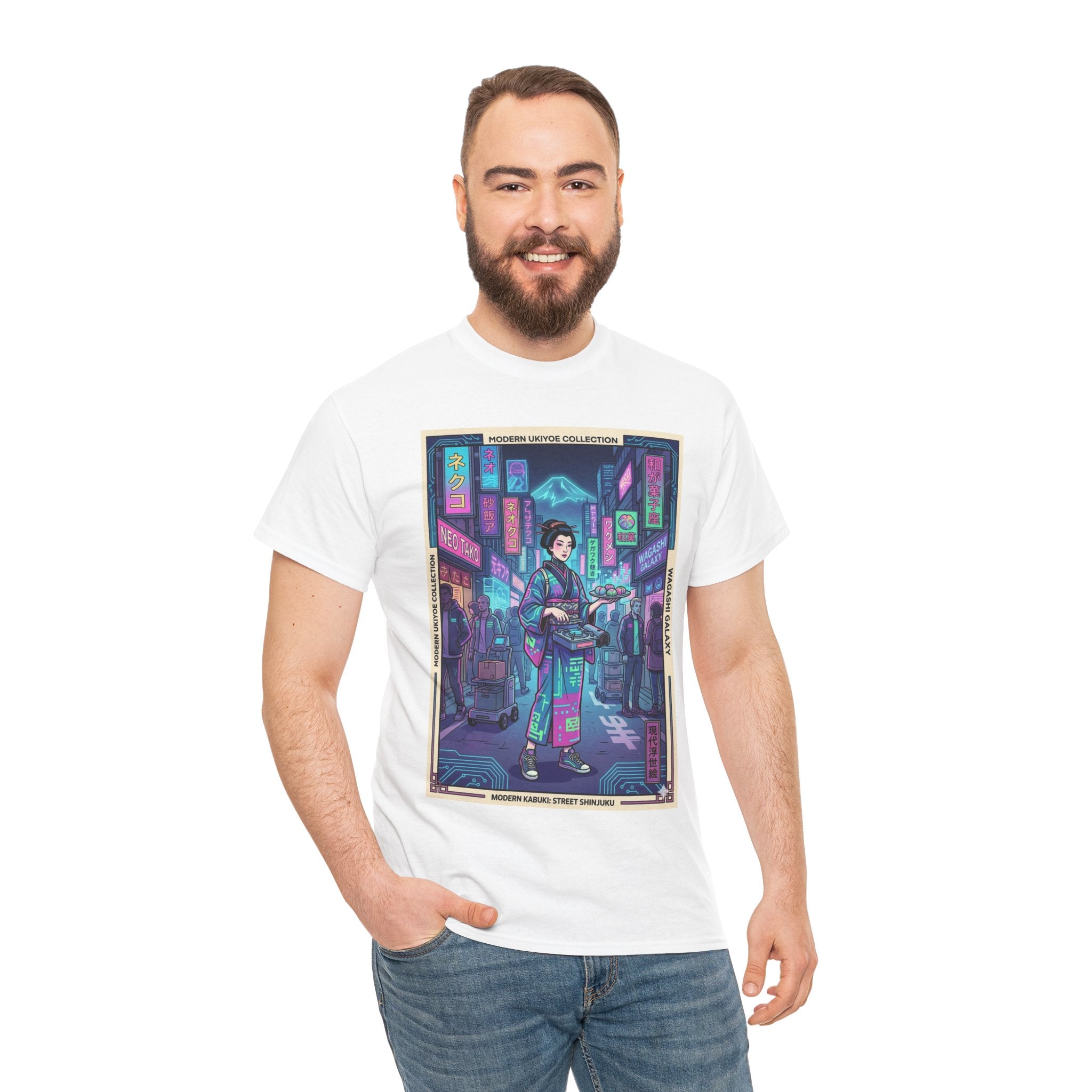 Cyber Geisha Streetwear T‑Shirt — Neon Tokyo Nightscape Graphic Tee