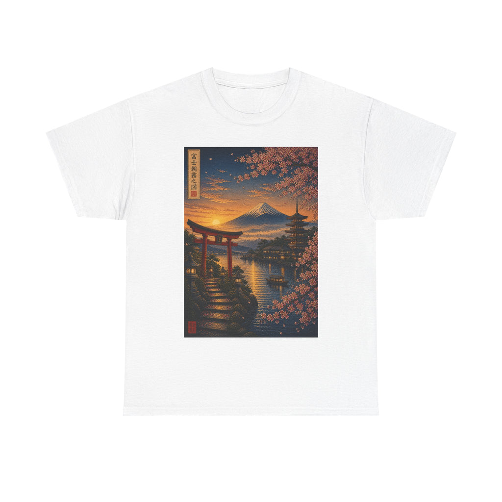Japanese Sunset Torii T-Shirt — Cherry Blossom Mount Fuji Graphic Tee