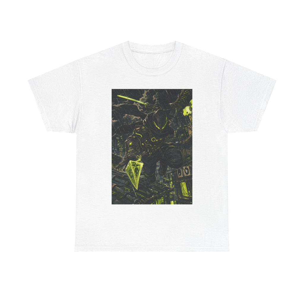 Neon Cyberpunk Graphic Tee — Dark Futuristic Cityscape Design