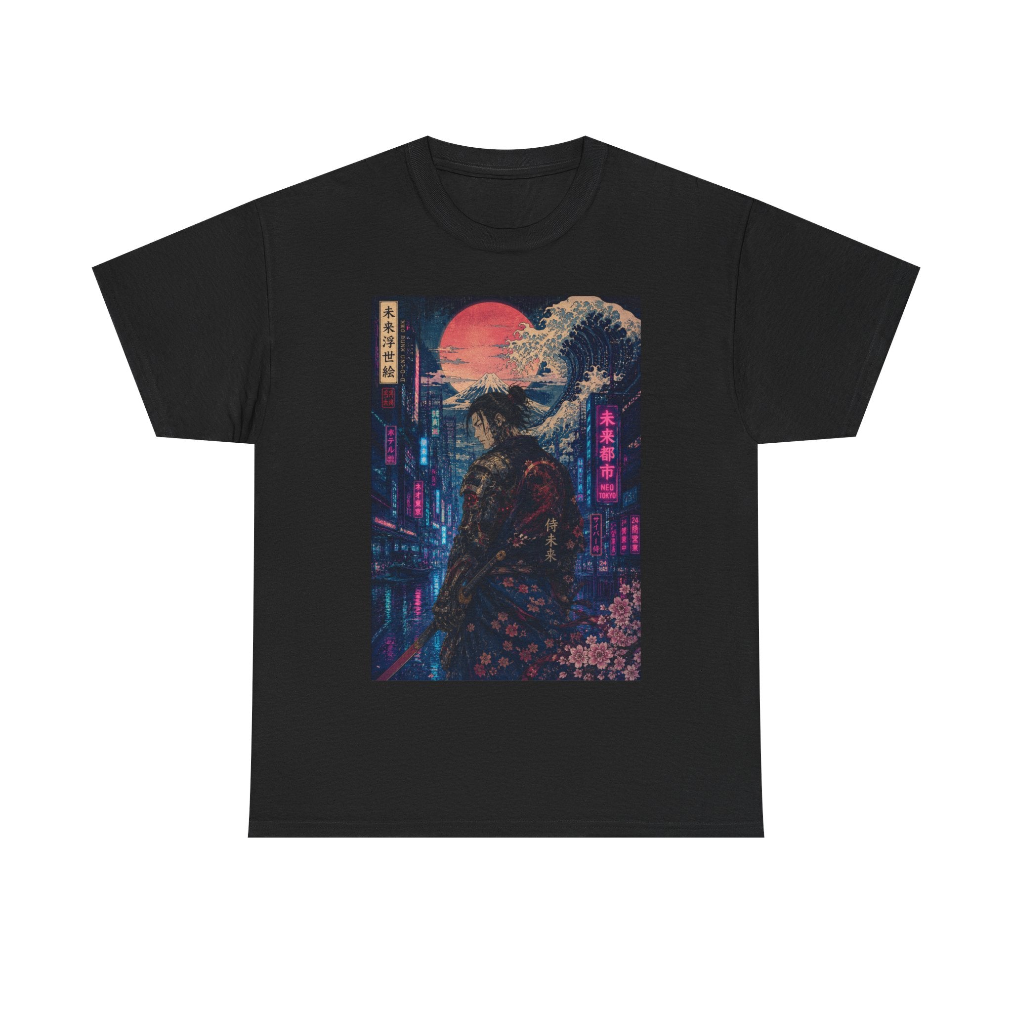 Samurai Neon City T‑Shirt — Cyberpunk Moonlit Japanese Street Graphic Tee