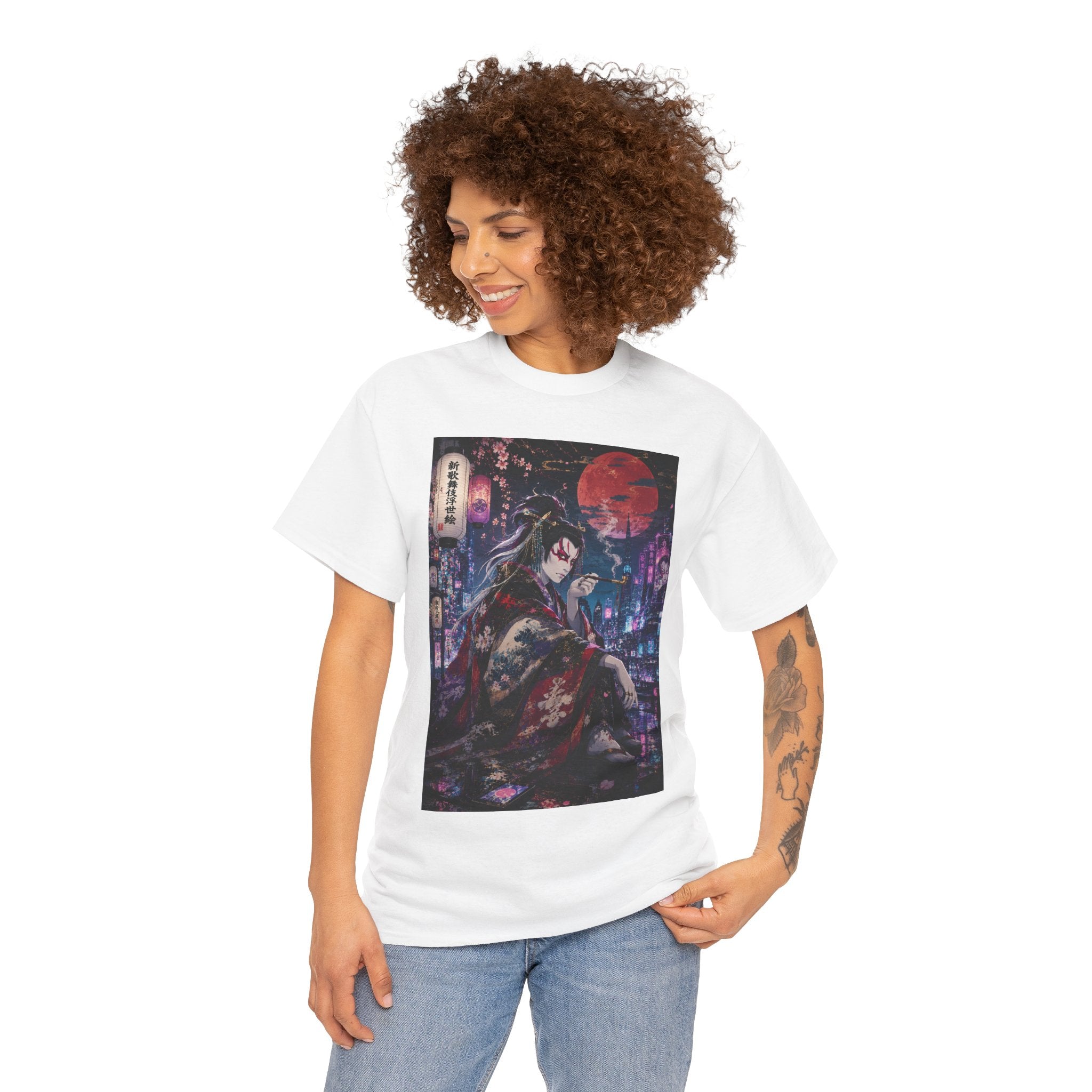 Anime Geisha Nightscape T-Shirt — Cyberpunk Kimono Art Tee