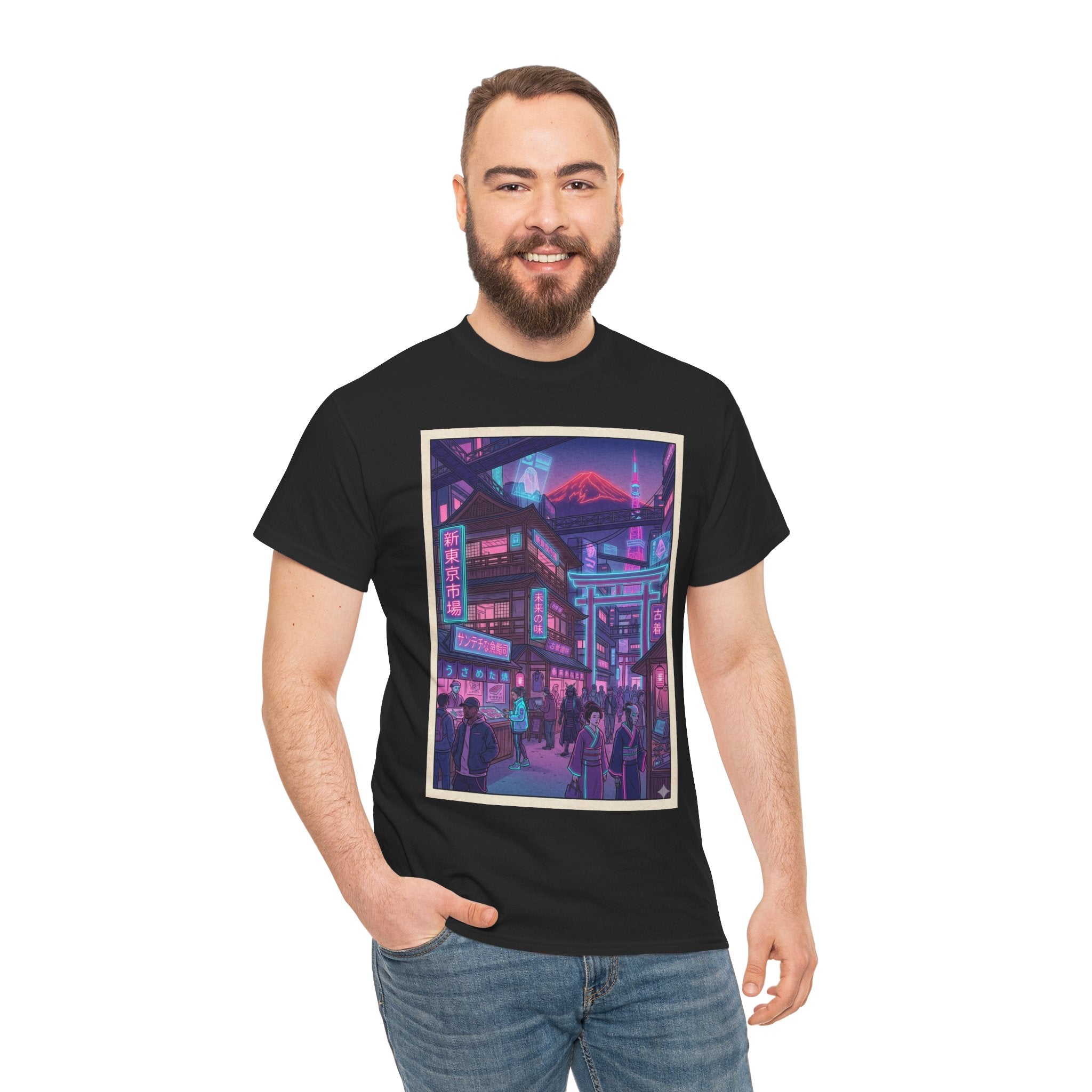 Retro Neon Cityscape Tee — Cyberpunk Night Street Graphic Shirt