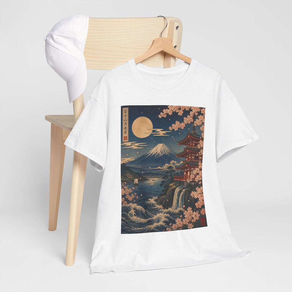 Japanese Landscape T-Shirt — Mount Fuji, Cherry Blossoms & Moon Graphic