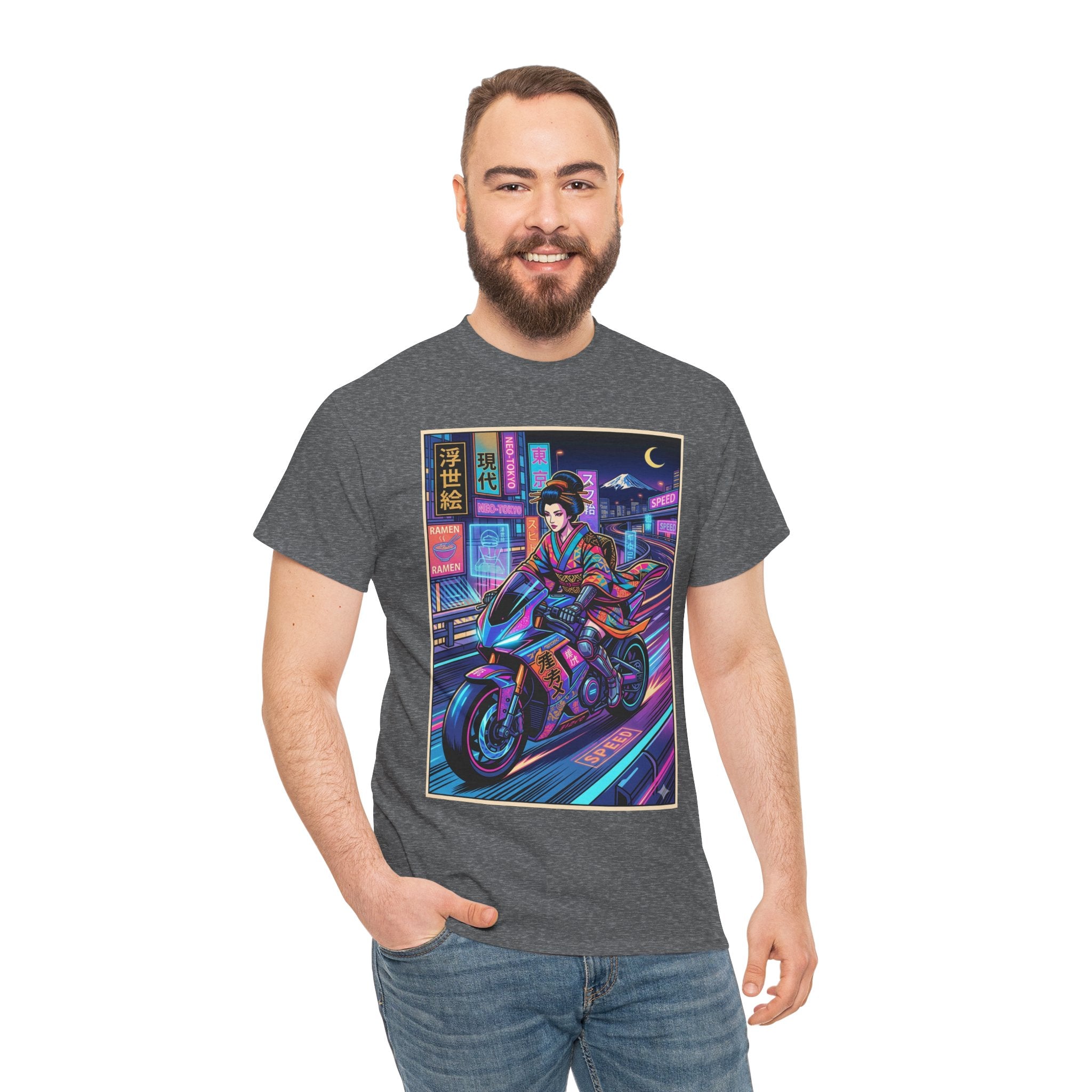 Neon Samurai Motorcycle Tee — Cyberpunk Night Rider Graphic T-Shirt