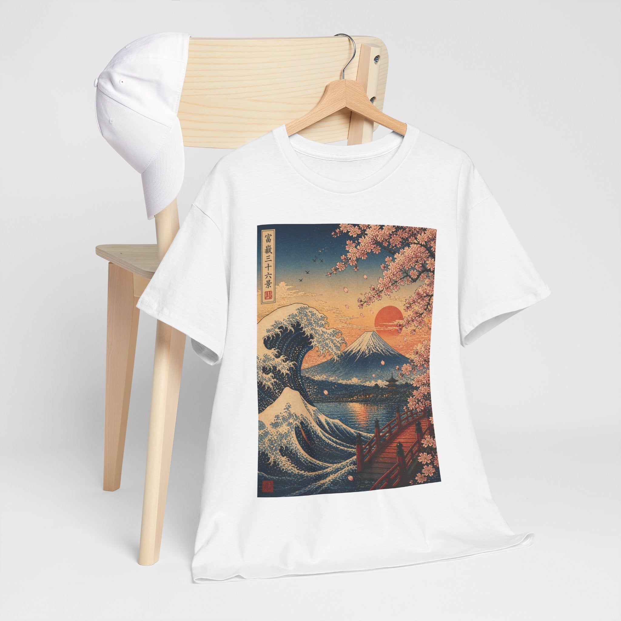 Japanese Wave & Cherry Blossom T-Shirt — Sunset Mount Fuji Graphic Tee