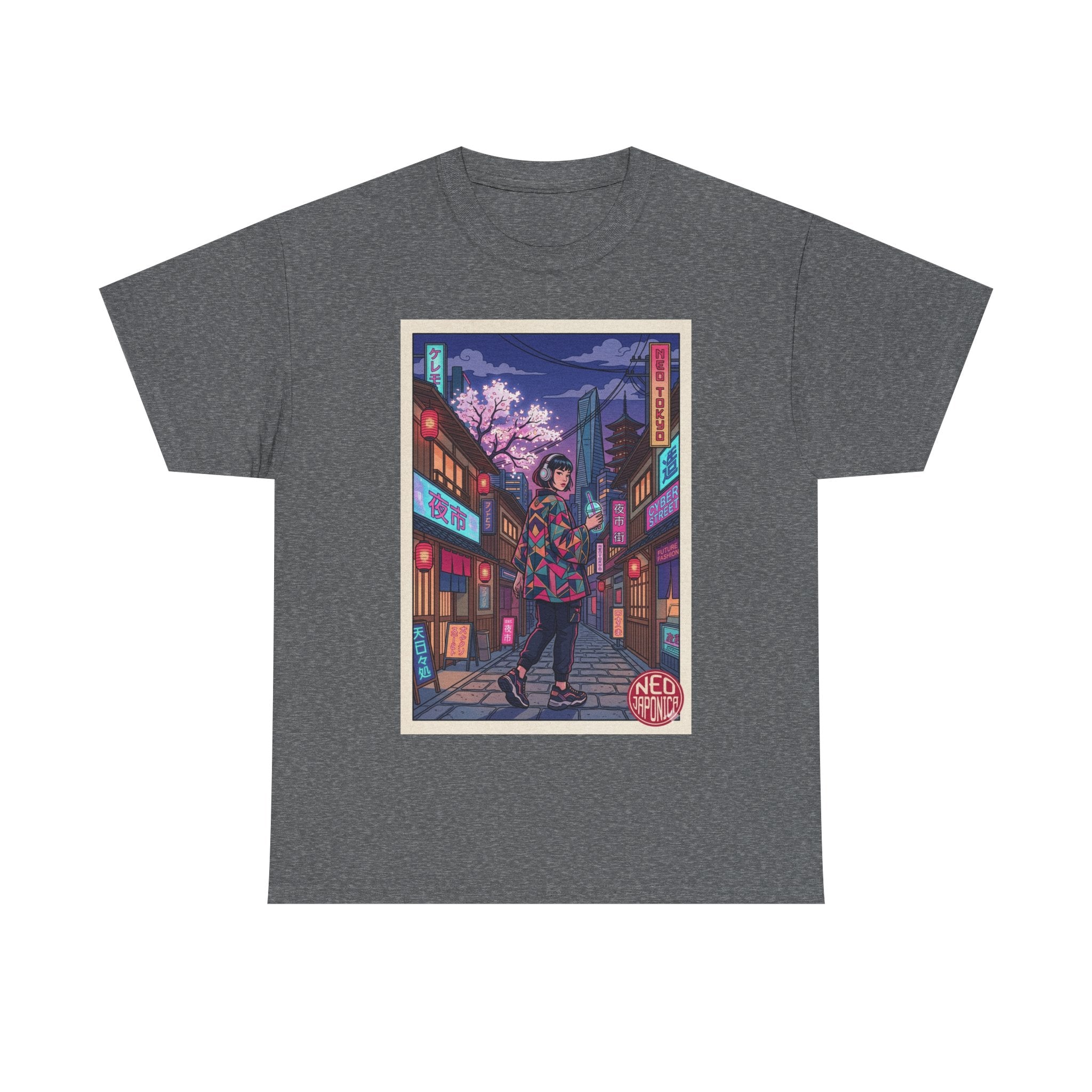 Anime Cyberpunk Streetwear Tee — Neon Night Sakura Print - Japanese Streetwear T-Shirt | Tokyo Style X