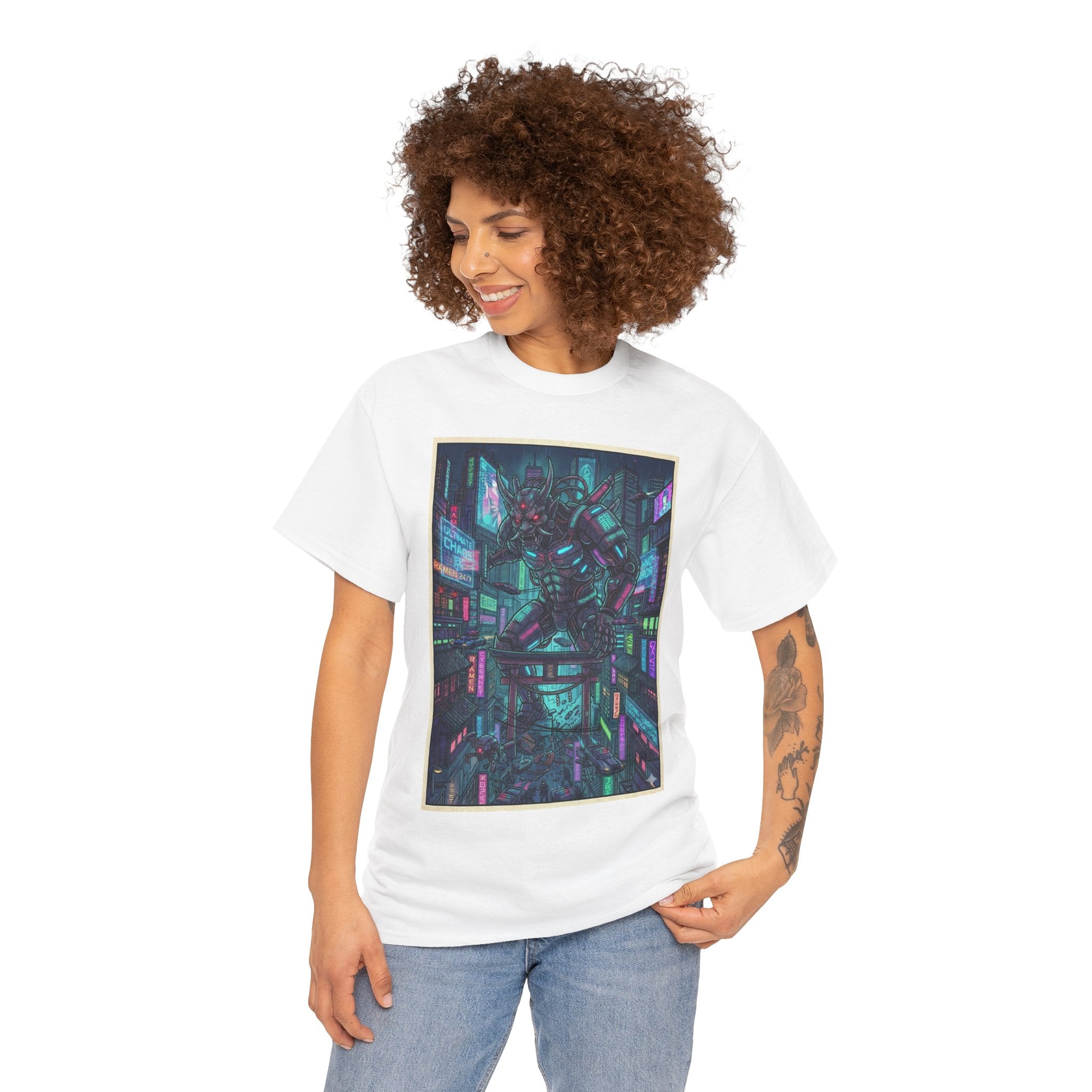 Cyberpunk Cityscape Tee — Neon Samurai Street Art Graphic T-Shirt