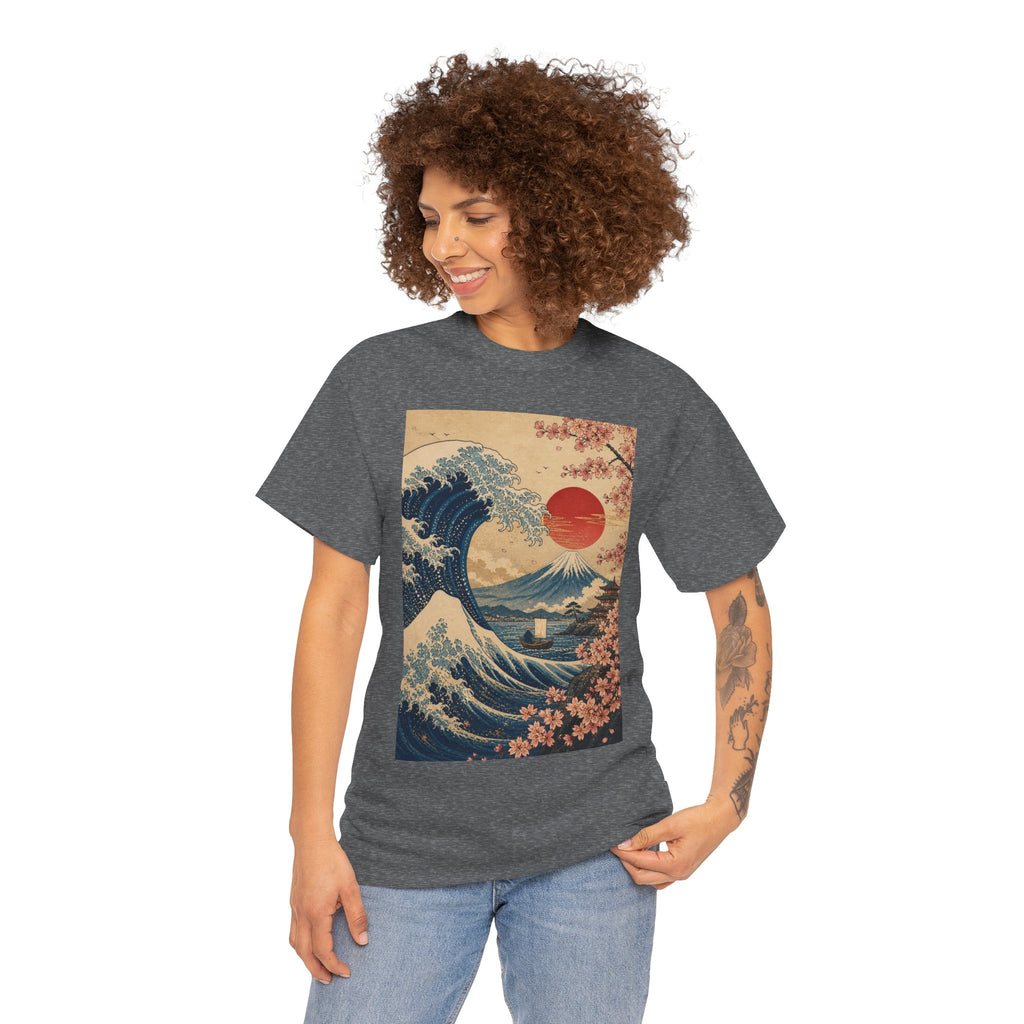 Vintage Japanese Wave Tee — Sakura Sunset Hokusai-Inspired Graphic Shirt