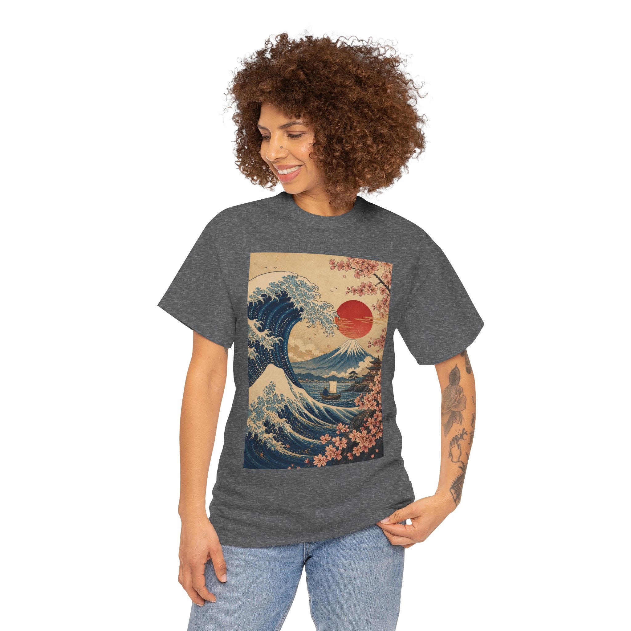 Vintage Japanese Wave Tee — Sakura Sunset Hokusai-Inspired Graphic Shirt