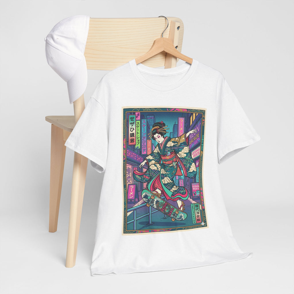Geisha Skateboard Tee — Neon Cyberpunk Japanese Streetwear T-Shirt