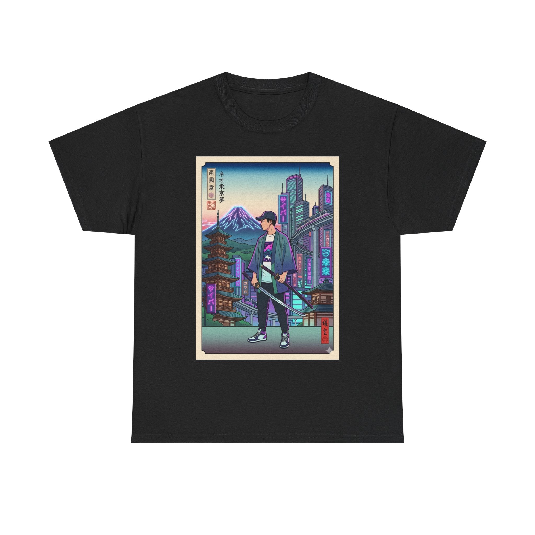 Samurai Neon City T-Shirt — Retro Japanese Streetwear Tee