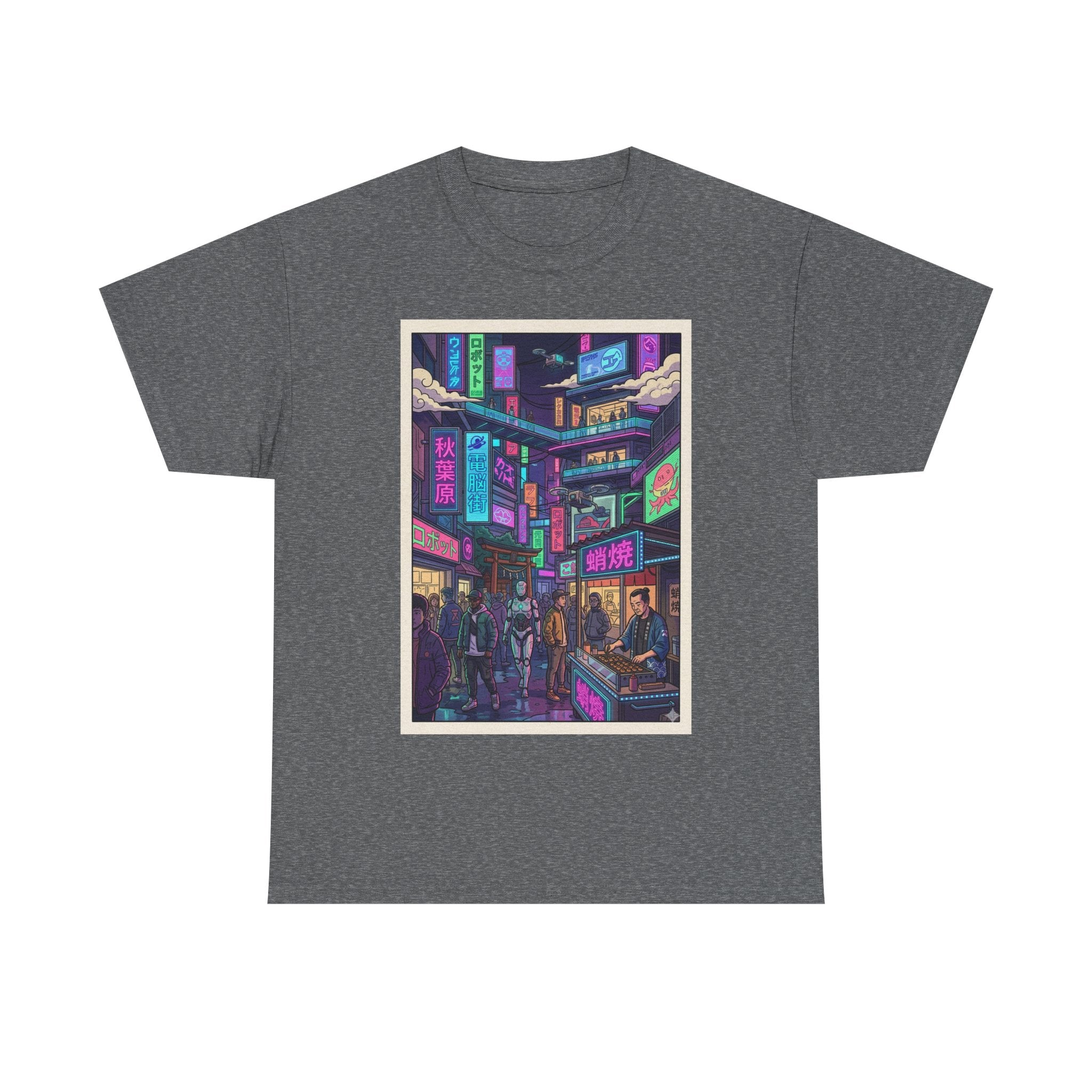 Cyberpunk City Streets Graphic Tee — Neon Night Market Illustration