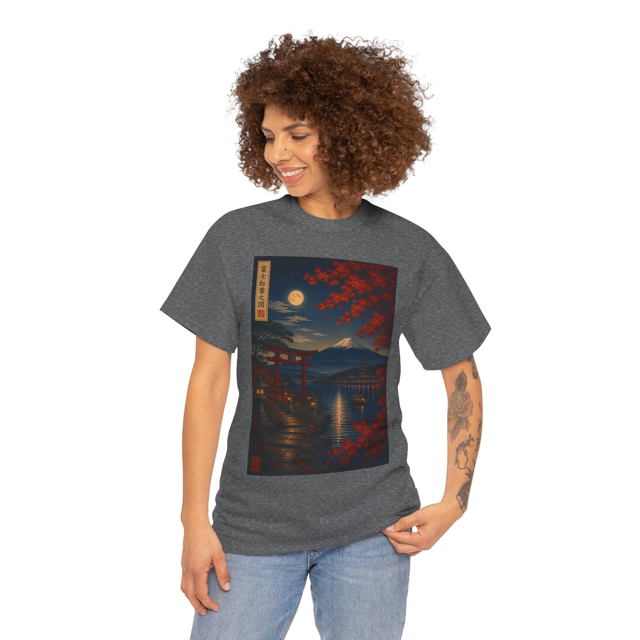 Japanese Nightscape Tee — Moonlit Torii & Autumn Maple Graphic T-Shirt