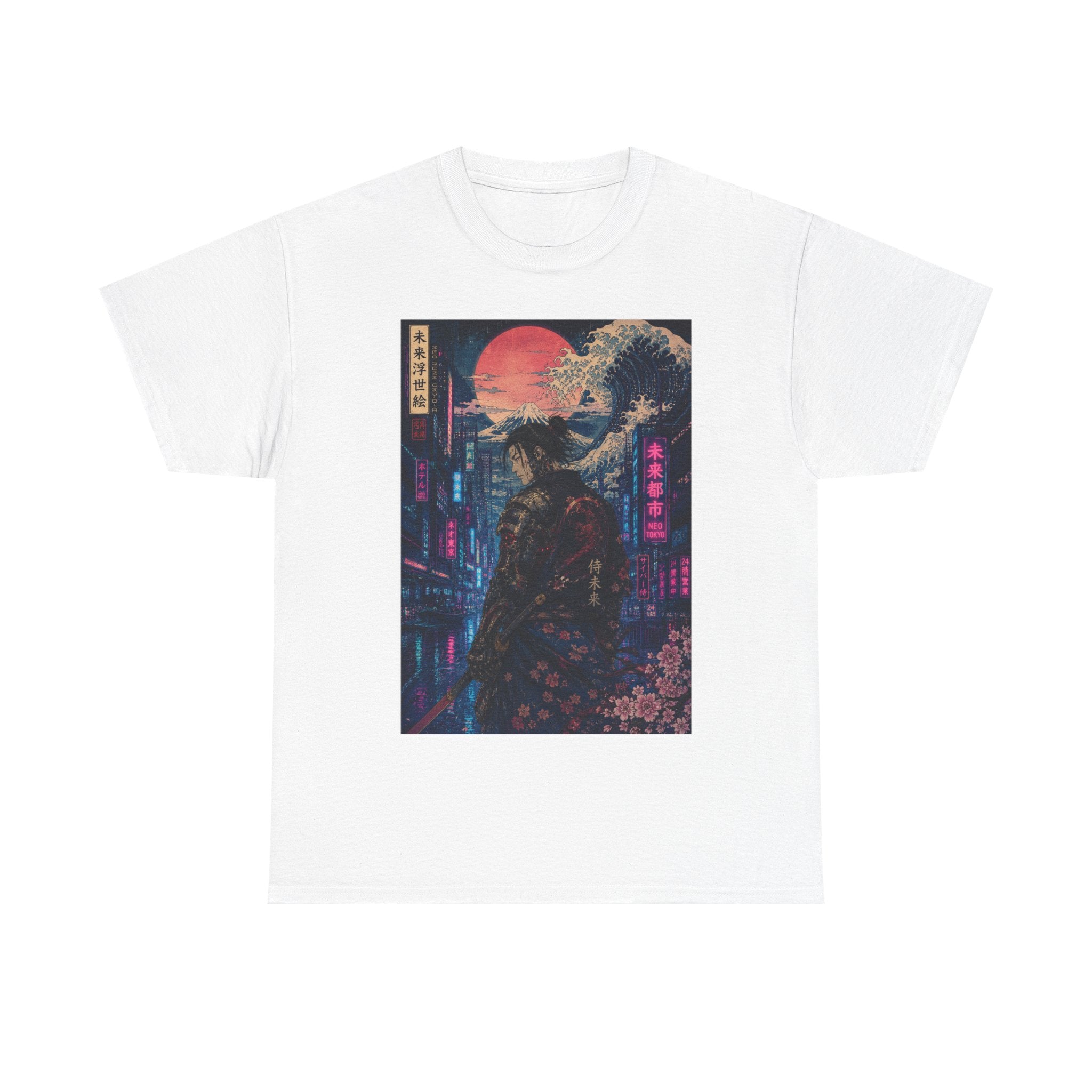 Samurai Neon City T‑Shirt — Cyberpunk Moonlit Japanese Street Graphic Tee