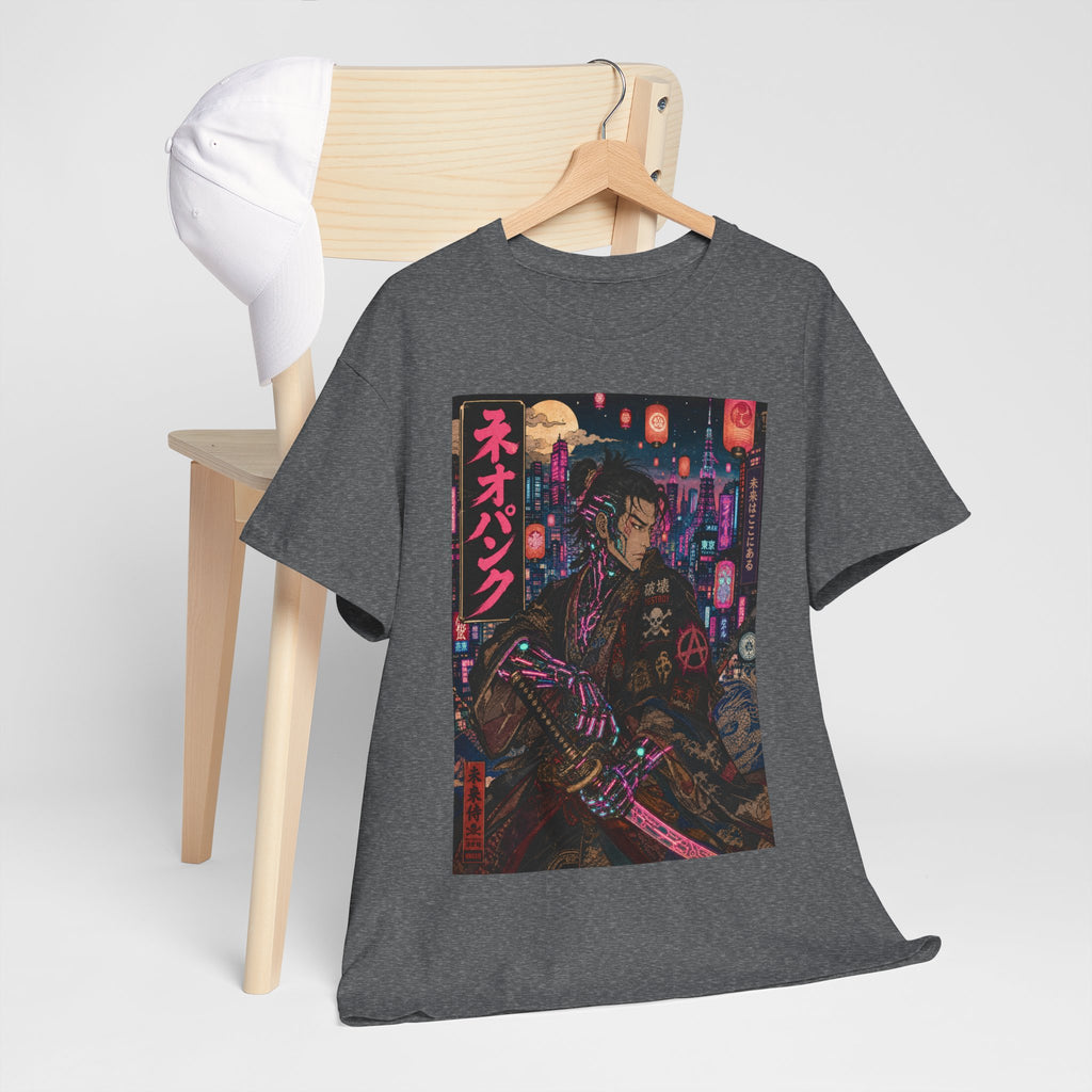 Cyberpunk Samurai T‑Shirt — Neon Night Streetwear with Japanese Text