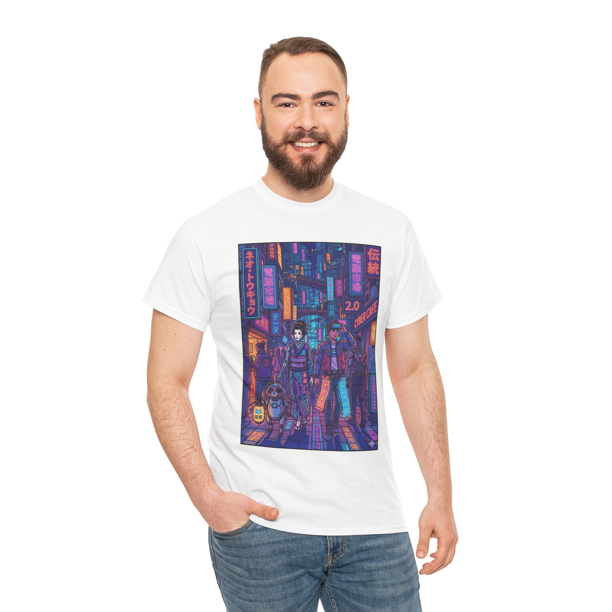 Cyberpunk Street Scene Tee — Neon Tokyo Night Graphic T-Shirt