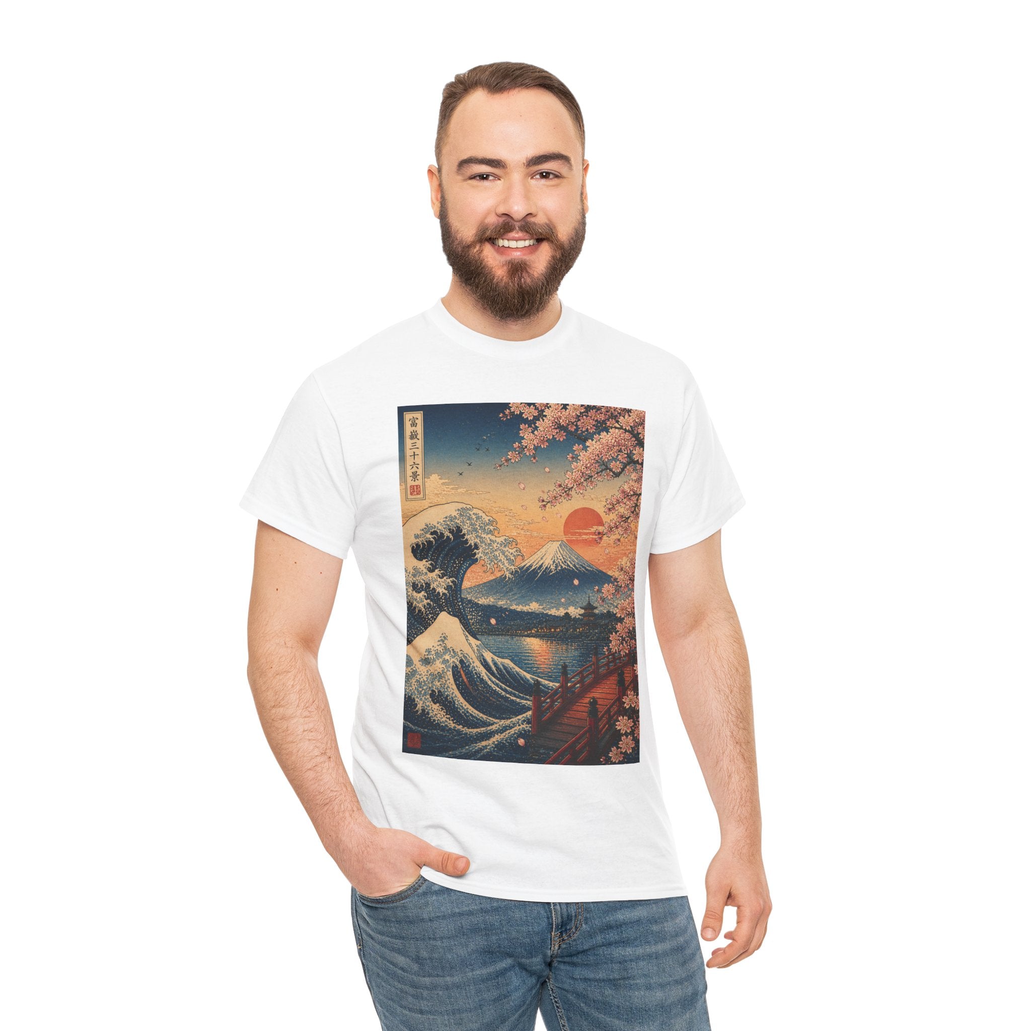 Japanese Wave & Cherry Blossom T-Shirt — Sunset Mount Fuji Graphic Tee