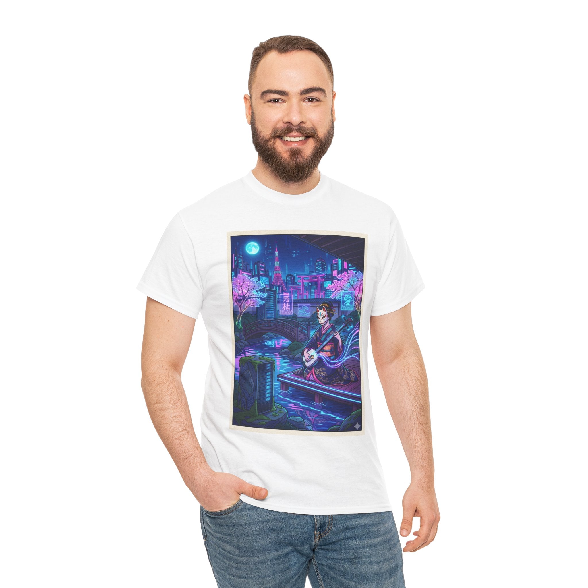 Anime Cyberpunk Guitarist T‑Shirt — Neon City Nightscape Tee