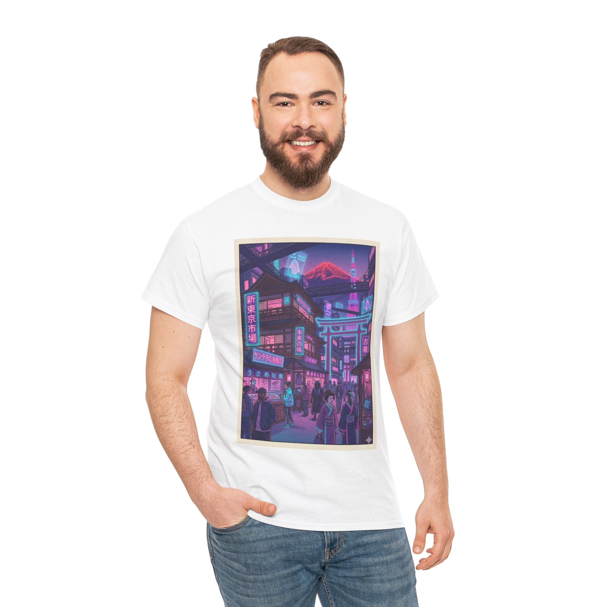 Retro Neon Cityscape Tee — Cyberpunk Night Street Graphic Shirt