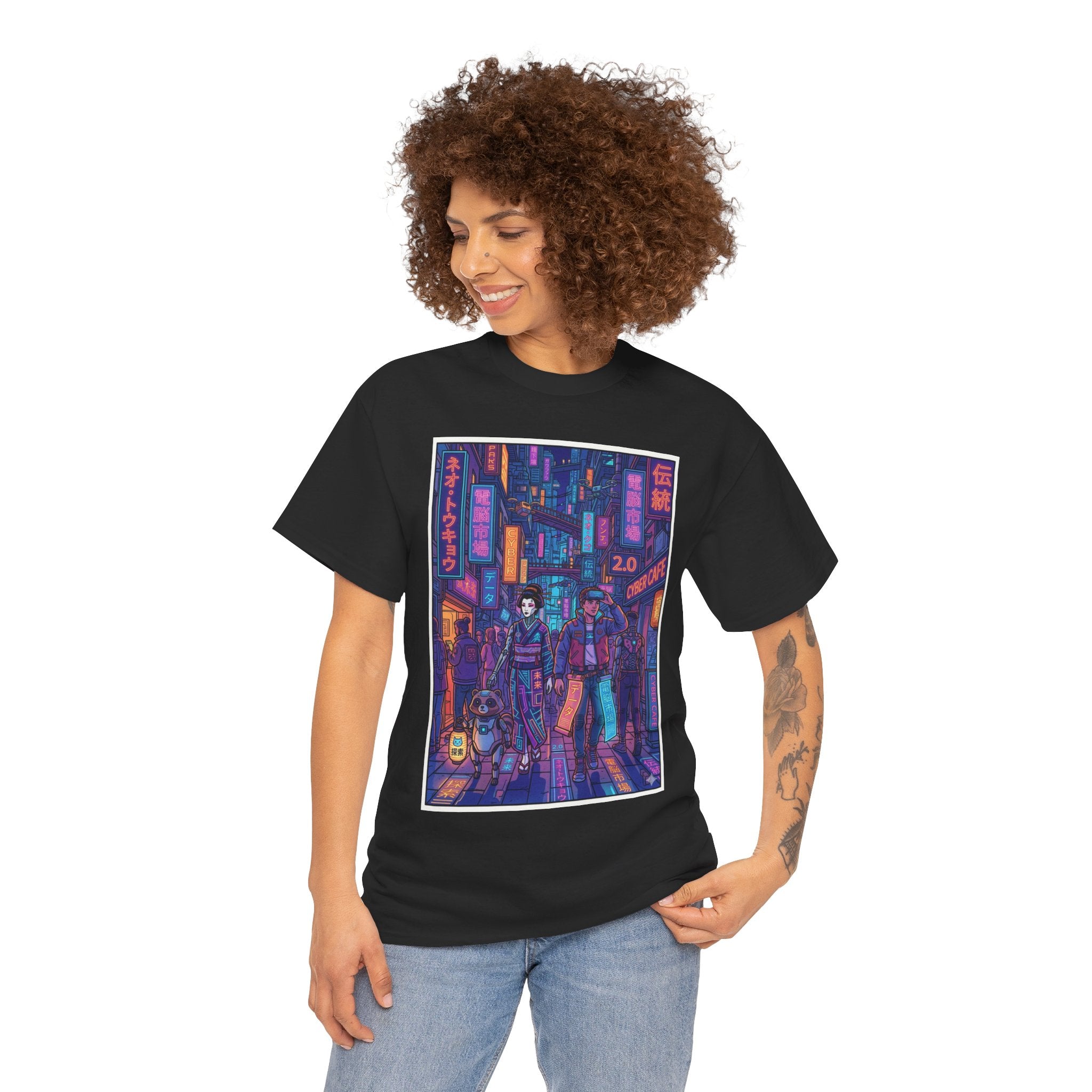 Cyberpunk Street Scene Tee — Neon Tokyo Night Graphic T-Shirt