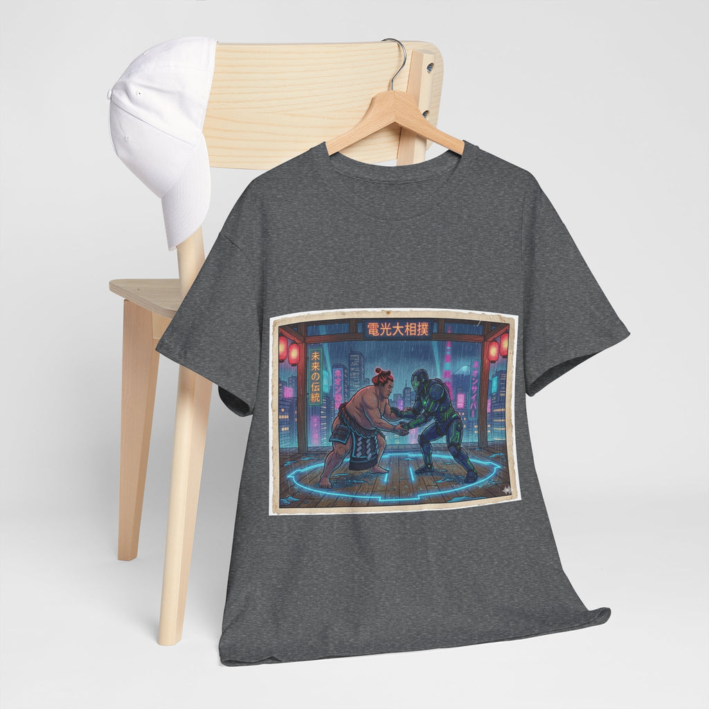 Cyberpunk Street Duel T-Shirt — Neon Samurai vs Robot Retro Arcade Tee