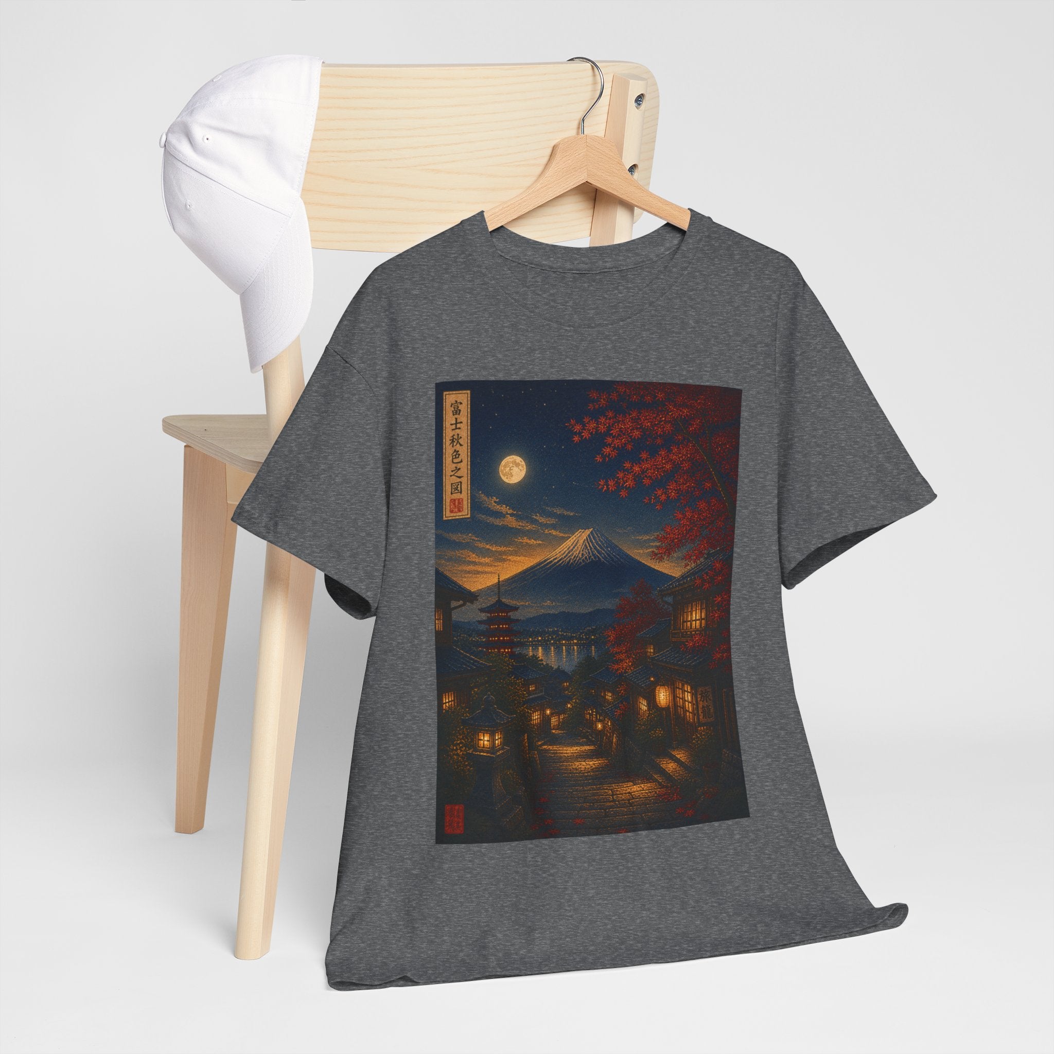 Japanese Nightscape T‑Shirt — Moonlit Mt. Fuji Village Art Tee