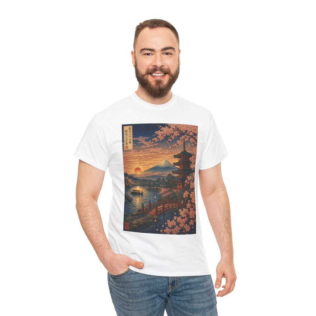 Japanese Sunset Landscape T-Shirt — Mount Fuji, Pagoda & Cherry Blossoms