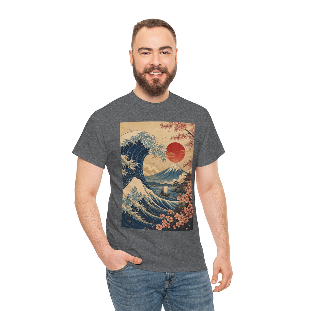 Vintage Japanese Wave Tee — Sakura Sunset Hokusai-Inspired Graphic Shirt