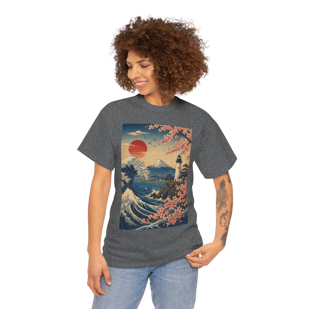 Japanese Wave & Cherry Blossom Art Tee — Mt. Fuji Sunset Graphic T-Shirt