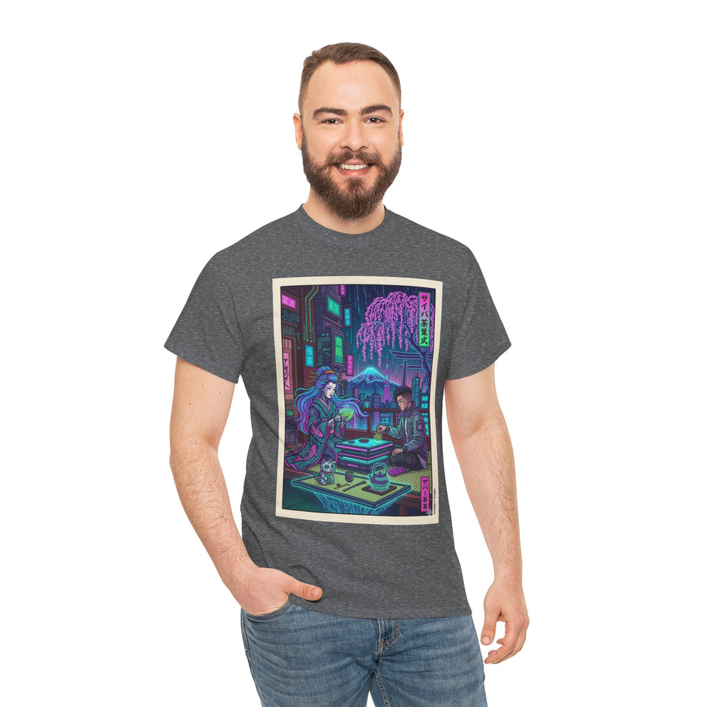 Cyberpunk Tea House Graphic Tee — Neon Retro Japanese-Style Street Scene